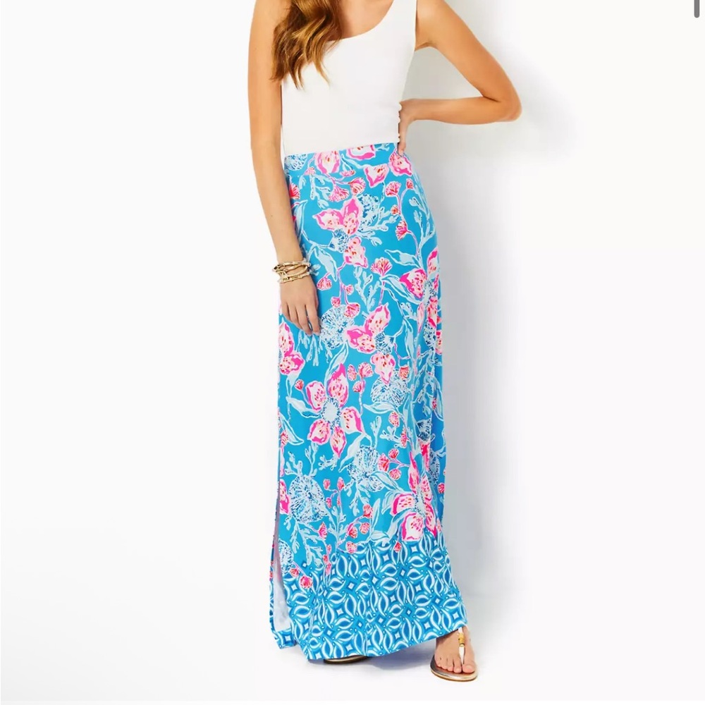 Lilly Pulitzer Adea Blue and Pink Maxi Skirt Multi Bahamian Rhapsody Engineered